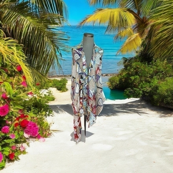 Women Fringe Scarf PASSIGATTI Italy Multicolored Abstract Print Shawl Mesh Wrap - Picture 2 of 8